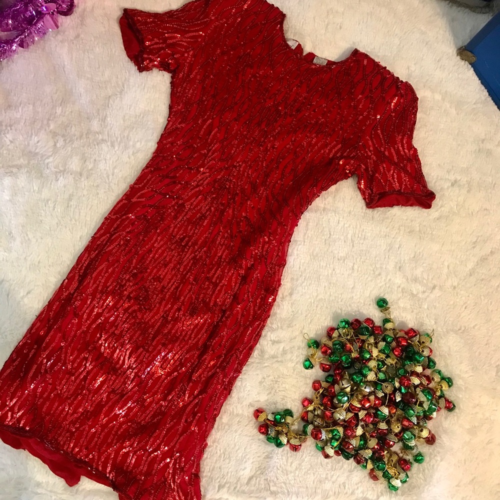 Laurence Kazar Red Sequin & Beaded Cocktail Dress
